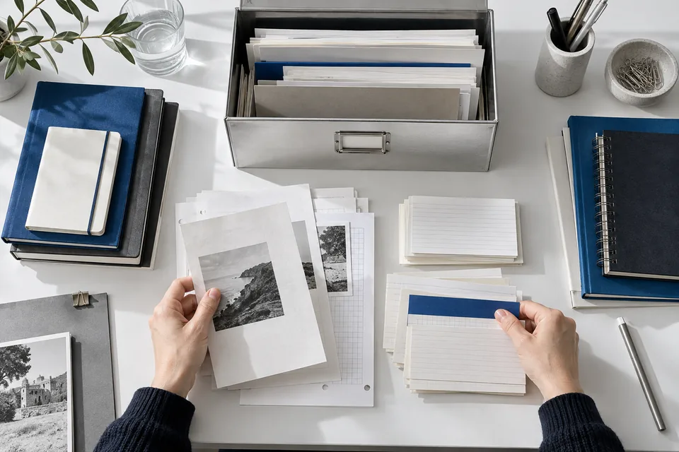 Hands sorting notebooks and source papers on a white desk