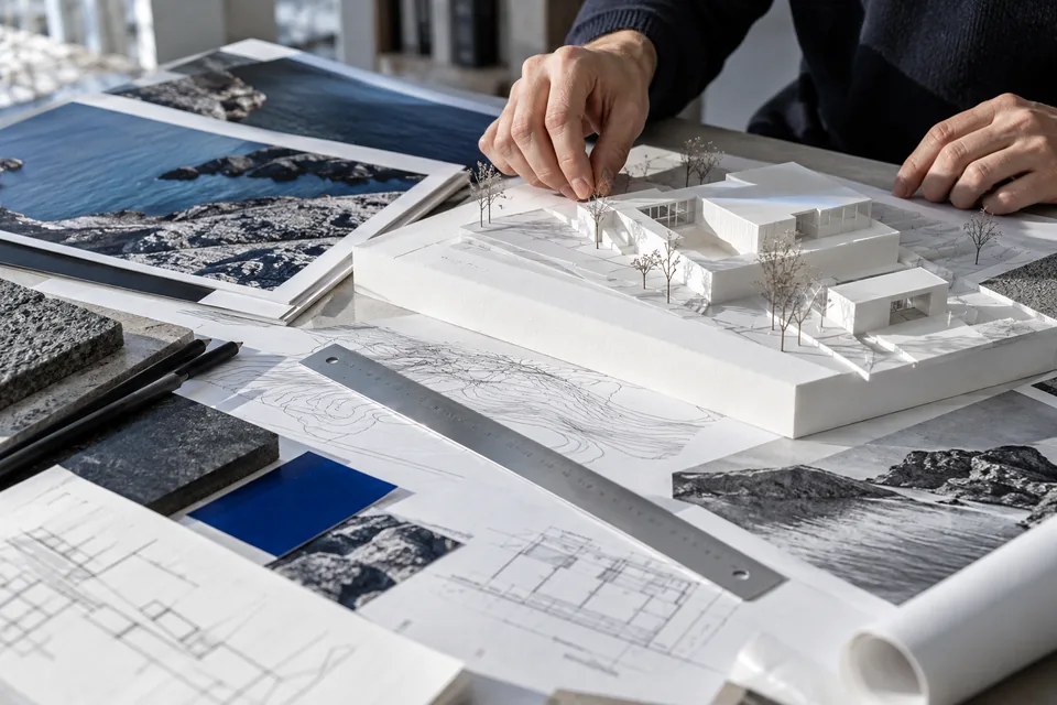 A white architectural model beside research materials